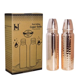 Set of Plain and Hammered Copper Water Bottle Thermos, 850 Ml (28.75 Fl Oz) UNLINED, UNCOATED and LACQURED-FREE for Ayurveda Health Benefits