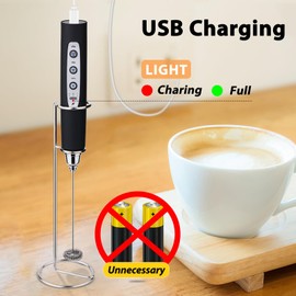 Sakgos Milk Frother with Stand Rechargeable-Handheld Coffee Frother with 3 Stainless Whisks 3 Speed Adjustable, Electric Whisk Drink Mixer, Foam Maker Blender for Matcha Latte Cappuccino Chocolate