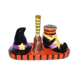 Pier 1 Witch Salt & Pepper Shaker Set Witch's Hat Boots with Stand / Holder Pier 1 New