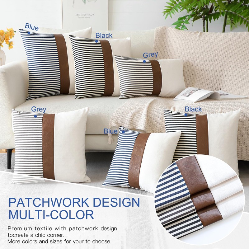 Artscope Farmhouse Decor Stripe Patchwork Linen Cushion Covers Cases Set