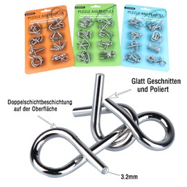 Qanmua 24-Piece Puzzle Games Set, IQ Puzzle Puzzle Set 3D Brainteaser Metal Puzzle IQ Games Set Patience Games for Children, IQ Games Puzzle Ring Gifts for Adults Students and Children