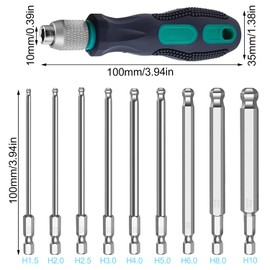 9-Piece Ball Head Hexagonal Screwdriver Set, 100 mm Bit Set Long, with Handle 1/4 Inch S2 Magnetic Screwdriver, for Hand Drills, Pneumatic Drills and Electric Drills