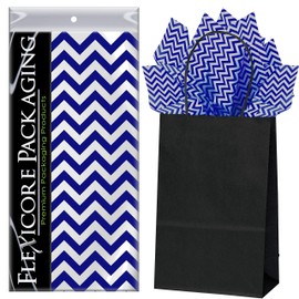 Flexicore Packaging Black Kraft Paper Gift Bags & Navy Blue Gift Wrap Tissue Paper | Size: 5.25 Inch X 3.25 Inch X 8.25 Inch | Count: 50 Bags | Color: Navy Blue Chevron