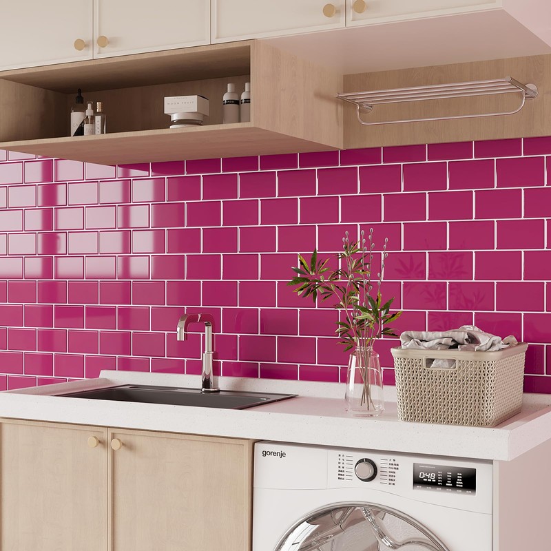 VEELIKE 6 Sheets Berry Pink Subway Tile Peel and Stick