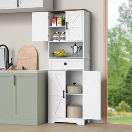 VVFLU 67 Inch Kitchen Pantry Cabinet, Pantry Linen Cabinet Freestanding, Kitchen Pantry Storage Cabinet, 1 Drawer, 4 Doors, 2 Shelves, for Kitchen, Living Room, Modern White