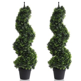 momoplant Artificial Boxwood Spiral Topiary Trees, 3.6ft Faux Plant Outdoor 2PC, All-Year Green Fake Plant with Plastic Flower Pot