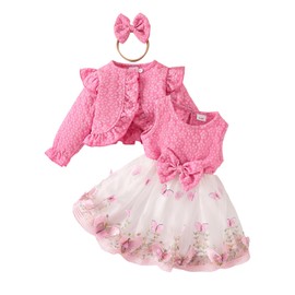 OMEWEE 3PCS Infant Girl Fall Outfits Floral Cardigan Butterfly Dress with Headband Long Sleeve Bolero Baby Girl First Birthday Outfit Photo Shoot Winter Casual Clothes Dark Pink 9-12 Months