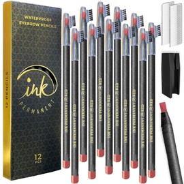 Ink Permanent Waterproof Eyebrow Mapping Pencils for Permanent Makeup, Microblading, and Blades Henna Applications 12 Piece Brow Mapping Peel Off Pencil Set with Shaper/Sharpener and For Marking (Red)