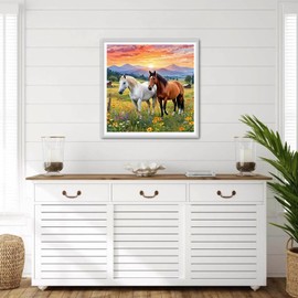 GDYEEH Horse Diamond Painting Adults, 5D Sunset Diamond Art Pictures Beginners, DIY Round Full Drill Grassland Diamond Painting Embroidery Cross Stitch Gifts Home Wall Decor 30 x 30 cm