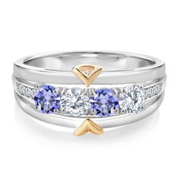 Gem Stone King 925 Silver and 10K Yellow Gold 4-Stone Lab Grown Diamond Band Ring Tanzanite Moissanite Near Colorless (GH) (1.11 Cttw) (Size 5)