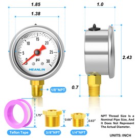 MEANLIN MEASURE 0~30Psi Stainless Steel 1/8" NPT 1.5" FACE DIAL, Glycerin Filled Pressure Gauge, Liquid Filled, Water Oil Air, Lower Mount, with 1/8" x 1/4" NPT and 1/8" x 3/8" NPT Hex Bushing