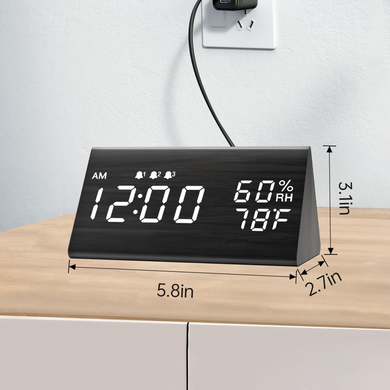 Digital Alarm Clock, with Wooden Electronic LED Time Display, 3