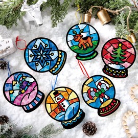 AmazingSpark 30 Pcs Christmas Snow Globe Suncatchers Paper Craft Set Snow Globe DIY Stained Glass Effect Tissue Paper Kits Gift Bulk for Xmas Classroom Activities Art Party Decor