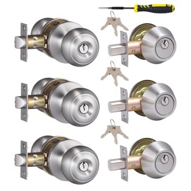 Lanwandeng (3 Sets) All Keyed Same Entry Door Knobs with Single Cylinder Deadbolt for Exterior Door Use, Satin Nickel Finish Round Ball Door Entry Locks