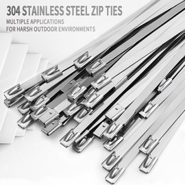 MAIDUNSI Metal Zip Ties 11.8 inch 100pcs 304Stainless steel Heavy duty Multi-purpose Self-locking Cable Ties Suitable for in machinery, vehicles, farms, pipes, roofs,cables, as well as Outdoor binding