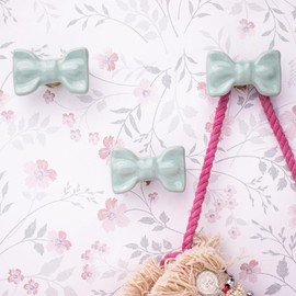 Indian Shelf 3 Ceramic Light Green Decorative Bow Wall Hooks Nursery Kids Tie Coat Rack Wall Mount Vintage Coat Hooks for Hanging Coats, Tie, Towels, Bags, Purse & More