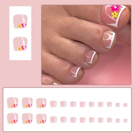 24 Pcs Press on Toenails Short, YIHONGYAN Spring Pink Fake Toe Nails Press ons Toenail Tips White French Flowers Acrylic Nail Art Kit Glue on Nails Full Cover False Toenail Stick on Nail for Women