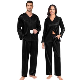 SWOMOG Family Matching Pajamas Sets for Women & Men Couples 2 Pcs Silk Satin Pjs Sets Button-Down Sleepwear Soft Loungewear Black