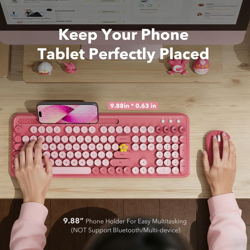 Wireless Keyboard and Mouse Combo, Rose, Round Keycaps, Phone/Tablet Holder