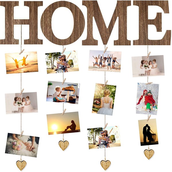 Wooden Photo Display Hanging Wooden Photo Frame Family Collage Wall Photo Holder with 10 Clips, Wooden Hanging Photo Holder Home Photo Picture Decor