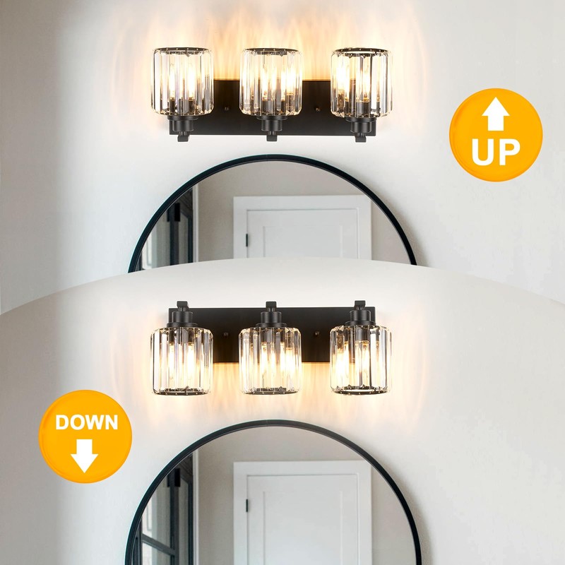 Haolaike 3 Lights Crystal Bathroom Vanity Light Modern Black Bathroom