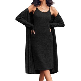 Ekouaer Womens Knit Robe Set 2 Piece Nightgown with Robes Long Sleeves Lounge Sets with Pockets Black Large