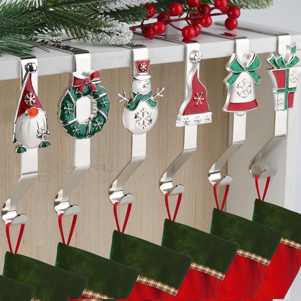 EBANKU Christmas Stocking Holders for Mantle, Set of 5 - Cute Christmas Stocking Hangers Silver Metal for Fireplace, Christmas Stocking Hooks for Family