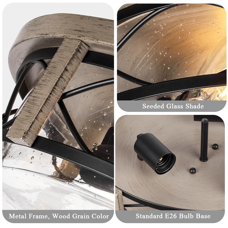 16 Inch Farmhouse Flush Mount Ceiling Light With Seeded Glass,