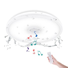 HOREVO Bathroom Ceiling Light Fixture, Waterproof IP65 18W LED Music Ceiling Lamp with Remote Control with Bluetooth Speaker,FCC and UL1598 Certified for Kitchen, Laundry, Hallway. (Need Wired)