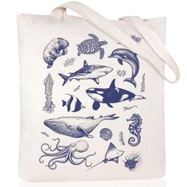 Andeiltech Canvas Tote Bag Aesthetic for Women Cute Sea Life Canvas Totes Gift with Zipper Pocket Reusable Grocery Bags for Beach Shopping Bag