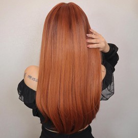 PORSMEER White Long Straight Wigs for Women with Fringe, Natural Layered Synthetic Hair Wig with Fringes for Daily Party, Cosplay Use (Auburn)