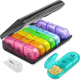 Organizador de Pastilla Español,Dosificador de Comprimidos Portátil para Medicinas, 7 Días, 21 Grid Large Capacity Pastillero de Viaje Caja,Práctica caja de almacenamiento para organizar y facilitar el acceso (Negro+multicolor)