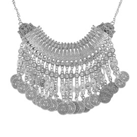 Vintage Tassel Coin Collar Bib Statement Necklace for Women Men Ancient Gold Silver Retro Engraved Exaggerated Short Chunky Boho Choker Ethnic Gypsy Tribal Clavicle Chain Pendant Costume Party Jewelry (Ancient Silver)