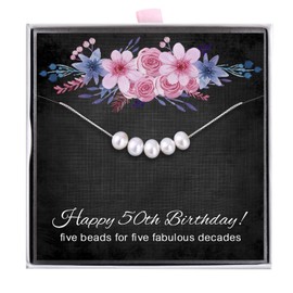 ALoveSoul 50th Birthday Gifts for Women - 925 Sterling Silver Necklace, 5 Pearls Necklace Gift for Her, Birthday Gift Ideas for Women