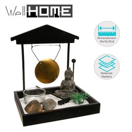 Japanese Style Decorative Zen Garden Includes Figurine, Stones, Candlestick, Gong, Rake, Sand in Black, 16.5 x 15 x 12 cm