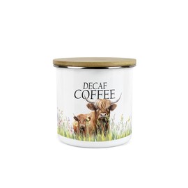 Purely Home Highland Cow & Calf Decaf Coffee - Country Farm - White Metal Enamel Medium Sized Kitchen Food Storage Container
