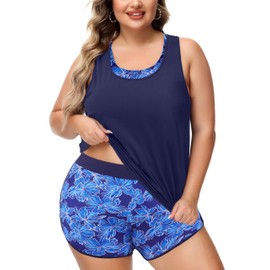 Plus Size Swimsuit for Women 3 Piece Tankini with Shorts Tummy Control Bathing Suit Sports Swimsuits Navy Blue Flora 22W/5XL