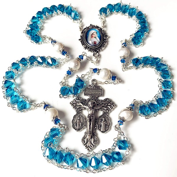 Elegantmedical - Collar con cuentas de cristal Bule y perlas AAA10 mm, rosario católico, crucifijo