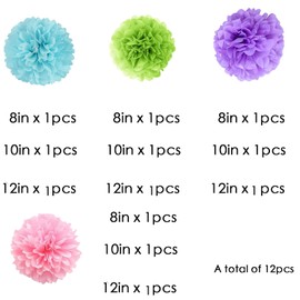 We Moment Zone Pack of 12 Paper Pompoms Set, Blue Purple Green Pink Pom Poms Paper for Boys and Girls Birthday Party Decoration
