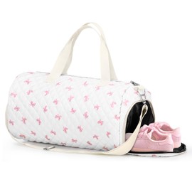 Dansydaisy Quilted Duffle Bag for Women Cotton Pink Bow Dance Bag with Adjustable Carry Strap and Handy Pouch Floral Backpack for Dancers