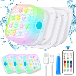 VIDOME Rechargeable Pool Lights, Pool Lights with Remote, IP68 Full Waterproof Submersible Led Lights Built-in Magnet 16 Color Changing Floating Lights for Bathtubs, Ponds, Party Decor (4 Set)