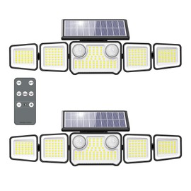 3000LM Solar Lights Outdoor, 5 Heads Solar Security Lights with Remote Control, IP65 Waterproof Motion Sensor Lights 3 Modes Flood Lights for Wall, Porch, Yard, Outside, 2 Pack