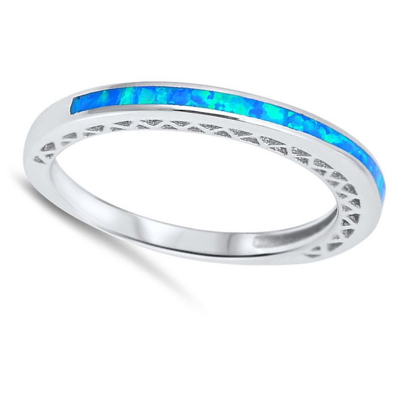 Blue Simulated Opal Fashion Thin Wedding Ring New .925 Sterling