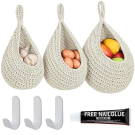3 Pcs Kitchen Hanging Fruit Basket, Onion Basket Hanging for Pantry, Wall Hanging Vegetable Fruit Basket for Potato, Onion Garlic, Handmade Jute Rope Hanging Basket for Kitchen Storage