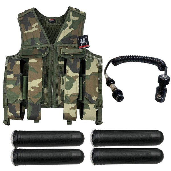 Maddog Tactical Battle Vest w/Pods & Remote Coil w/Slidecheck Paintball Package - Woodland Camo