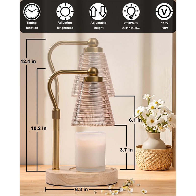 Candle Warmer Lamp with Timer, Dimmer, Adjustable Height, 2 Replacement