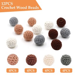 Pack of 12 Crochet Wooden Beads, 20 mm Crochet Beads, Wooden Beads for Threading, Colourful Wooden Balls with Hole, Natural Round Wooden Beads for DIY Jewellery, Bracelet, Necklace