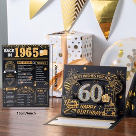 HOMANGA 60th Birthday Card, 3D Pop Up 60th Birthday Card for Men Women, Back in 1965 Card with Envelope, 60th Birthday Gifts for Dad, Mom, Husband, Wife (Black Gold)