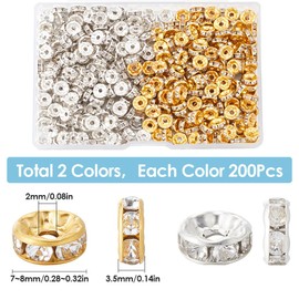SOFPLATE 1 Box 400Pcs Metal Rondelle Spacer Beads 8mm Crystal Spacer Bead Bulk Iron Rhinestone Silver Gold Round Spacers Loose Charm Beads for Bracelets Necklace Jewelry Making Supplies