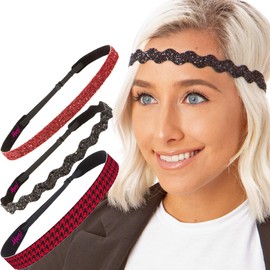 Hipsy Women's Adjustable NO Slip Houndstooth Fashion Headbands (Black/Black/Ruby Red 3pk)